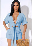 Sexy V-neck Short Sleeves Crop Top Belted Two Piece Shorts