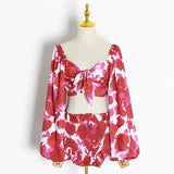 Print Two Piece Set Women Square Neck Lantern Sleeve Hollow Out Sexy Tops High Waist Shorts Suit Female