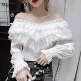 Stylish Lace Ruffle Stitching Blouse Women V Neck Ladies Shirt 2021 Fall Lantern Long Sleeve Korean Vintage Solid Top
