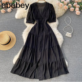 Women Elegant French Dress Sweet Puff Sleeve V Neck Single Breasted A-line Dresses Summer Casual Streetwear Midi Dress
