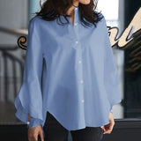 Women Fashion Blouses Autumn Tops Long Flare Sleeve Casual Solid Shirts Buttons Loose Work Blusas
