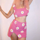 Floral Crochet Crop Cami Top and High Waist Split Skirt Summer Knitted Suit Beach Vacation Two Piece Set Women