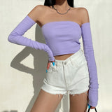 Crop Tops T-shirts, Solid Color Boat Neck Off Shoulder Sexy Tops Pullover with Long Sleeves for Summer Club Wear-Outfit