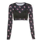 Graduation party Fashion Moon Print Long Sleeve Crop Top T Shirt With Bra Camisole Women Sexy Harajuku Two Pieces Set Streetwear