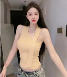 Ribbon Hanging Neck Knitting Sling Suit For Women 2025 Summer New Sweet Spicy Sleeveless