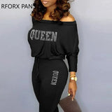 Women Casual Long Sleeves Slash Neck Drawstring Letter Pattern Skinny Pants Sets-Outfit