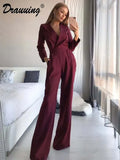 Long Sleeve Summer Jumpsuit Women V Neck Casual Straight Pant Jumpsuit Fashion Office Lady Jumpsuit Women Solid-Outfit