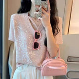 Short Sleeve V-Neck Women's Clothing Solid Color T-shirt Pullover Beaded Sequined All-match Elegant Flattering Tops-Outfit