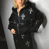 Rhinestone Gothic Streetwear Long Sleeve Black Zip Hoodie Y2k Hip Hop Joggers Sweatshirt Korean Fashion Punk Sport Coat