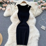 Strap Women Knitted Pencil Dress O Neck Sleeveless Elastic Slim Sheath Dresses Summer Korean Streetwear Short