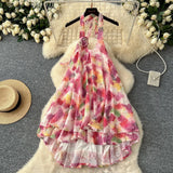 Three-Dimensional Flowers Hanging Neck Slings Loose Short A-Shaped Dress Women's Lotus Leaf Side Vacation