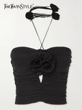 Black Patchwork Floral Vest For Women Halter Sleeveless Solid Sexy Camis Female Summer Clothing Style 2022