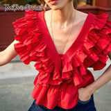 Red Casual Patchwork Ruffle Shirts For Women V Neck Short Sleeve Ruched Slim Blouses Female 2021 Summer Fashion