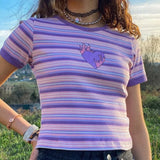 Summer Purple Cute Top Striped Short Sleeve T-shirt Women Crop Top T Shirt Ladies Casual Heart Print Tshirts Tee