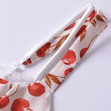 Retro French style Summer Cherry Print Midi Sling Dress Sexy Women Spliced Lace V neck Ruffles Hem Package Hips Long Robe-Outfit
