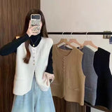 New Solid Color Single-Breasted Buckle Folded Through Leisure College Women's Vest Round Collar Knitting Korean Version Of The Small Fragrant Wind Vest-Outfit