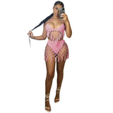 Crochet Knitted Hollow Tassel 2 Piece Bikinis Shorts Sets White Sexy Beach Summer Dress Bathing Suit Skirt
