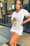 See Through Sexy Dressses Tassel Cut Out Short Sleeve Mini Bodycon Dress White Black Summer Outfits for Women