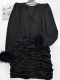 Casual Black Dress For Women V Neck Long Sleeve High Waist Ruched Sexy Mini Dresses Female Korean Fashion