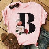 Letter Alphabet A-Z Women T-Shirts Fashion Breathable Flowers Short Sleeve Casual Tops Couple Basic Tee Crew Neck Clothes