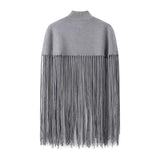 Autumn Gray Knitting Long Tassel Cape Pullover Sweater Women High Collar Loose Fringed Shawl Knitwear Oversized Jumper-Outfit