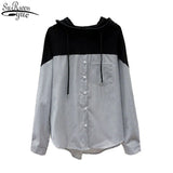 Plus Size 2021 Autumn Hooded Striped Stitching Shirt Female Korean Style Loose Hoodies Women Drawstring Tops