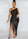 Sexy Sequins One Shoulder Sleeveless Fringe Tassels Irregular Cocktail Party
