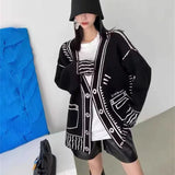 Painting Graffiti Sweater Women's New 2024 Autumn And Winter Black And White Loose Lazy Cardigan Coat Knitted Blouse-Outfit