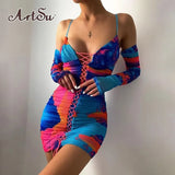 Early Autumn New Mini Dress Suspender Bright Color Printing Strappy Drawstring Slim For Women