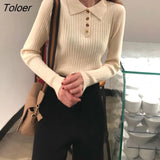 Korean Style Women Knitted Sweater 2023 Autumn Button Long Sleeve Sweaters Woman Turn Down Collar Ribbed Pullover