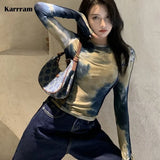 Korean Fashion Tie Dye T-shirts Grunge Sexy Slim Tee Shirts Y2k Aesthetics Streetwear Harajuku Skinny Tops Gothic
