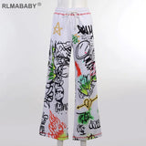 Loose Graffiti Print High Waist Pants Casual Streetwear Sexy Trousers Women Wide Leg Elastic Waist Female Pants