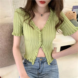 Style Summer Casual Short Sleeve Ruffles Cardigan Women Open Buttons V neck Cropped Sweater Sueters De