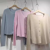 Spring And Autumn New Korean Simple Knitted Cardigan Omnipotent Solid Color V-Neck Long-Sleeved Blouse-Outfit