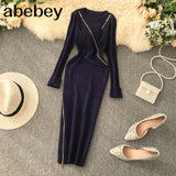 2022 Zipper Autumn Dresses Winter Bodycon Knitted Sweater Midi Pencil Dress Party Knee Length Women Casual Office
