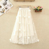 Fashion Appliques Embroidery Mesh Pleated Skirt Office Lady Commute All-match Elastic High Waist Aesthetic Ankle Skirts-Outfit