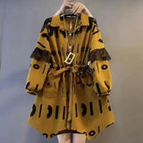 Printed Drawstring Shirring Shirt Spring Autumn Female Clothing Casual Lapel Lace Spliced Korean Irregular Hem Blouse-Outfit