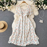 Sweet Floral Dress Women Green Square Collar Short Sleeve A-line Dresses Summer Bohemian Print Beach