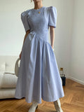 Elegant Solid Loose Long Dress For Women Round Neck Short Puff Sleeve Patchwork Folds Midi Dresses Female