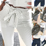 Women Fashion Casual OL Pencil Pants Bow Tie Drawstring Sweet Elastic Waist Pockets Casual Trousers Slim Strip