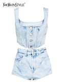 Vintage Two Piece Set For Women Square Collar Sleeveless Tops High Waist Shorts Denim Sets Female Summer