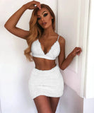 2Pcs Women Suits Sexy Off Shoulder Deep V-neck Strap Tube Bra Crop Tops Fur High Waist Slim Mini Pencil Skirts 2023-Outfit