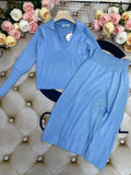 Free Shipping 2022 Women's Casual Knit Skirt Set Lapel Long Sleeve Turtleneck Short Knit Sweater & Split Midi Skirt 2-Piece