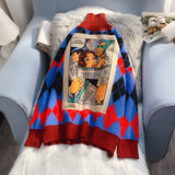 Argyle Sweater Cartoon Print Women's Turtleneck Pullover Knit Thicken Long Sleeve Top Vintage Baggy Jumper Chic
