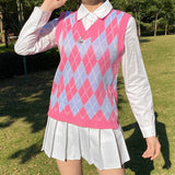 Argyle Knitted Sweater Vintage V Neck Sleeveless Casual Vest Y2K Pullover Women 2020 Sweater vest, knitted sweater,