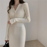 Long Sleeve Dresses Solid Color Sheath V-neck Buttons High Waist Ladies Elegant New Vestidos Knitting Korean Style