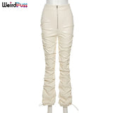 Puss Faux Leather Pants Cyber Y2K Vintage Stacked Zipper Side Slit Drawstring Pencil Pants Trend Streetwear Slim