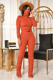 Casual Solid High Neck Long Sleeve Slim Top and Ruched Pants Set 2 Piece