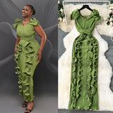 High-End High-End Light Luxury Small Frills Fold Three-Dimensional Lotus Leaf Side Of The Long Temperament Dress