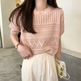 Version Of Chic Summer Sweet Round Collar Hooded T-Shirt Design Hollow Flowers Thin Knitted Shirt